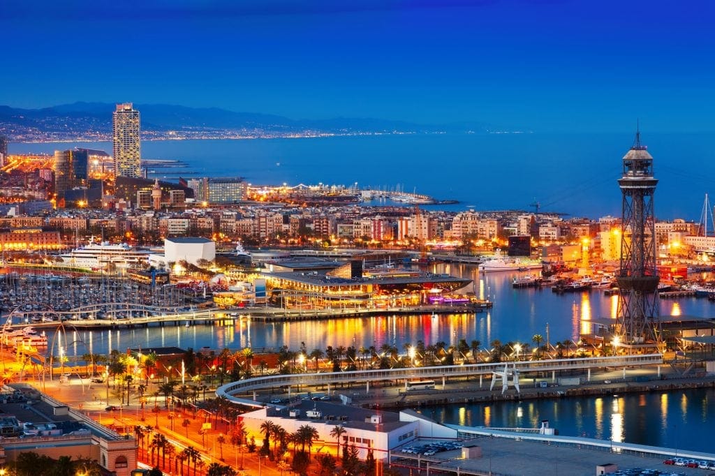 Port and cityspace of Barcelona in evening. Catalonia, Spain