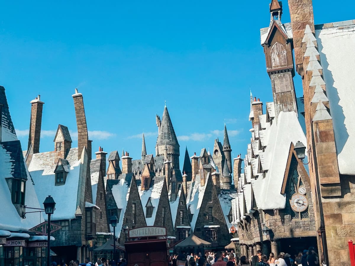 Snow topped roofs of Hogsmead