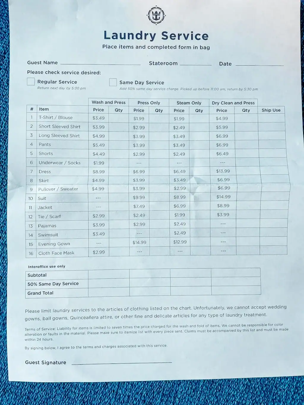 Laundry prices