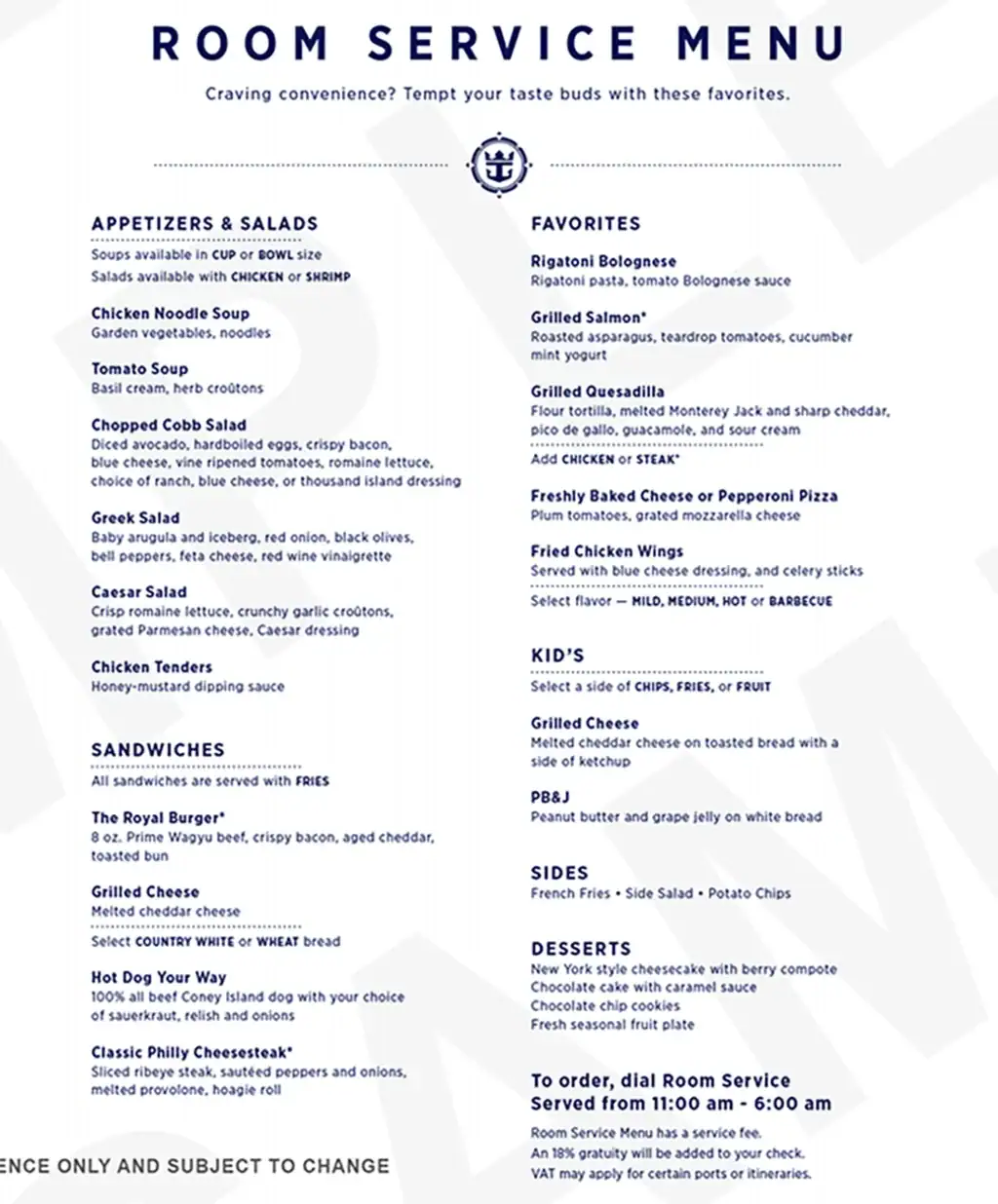 Room Service Menu On Royal Caribbean