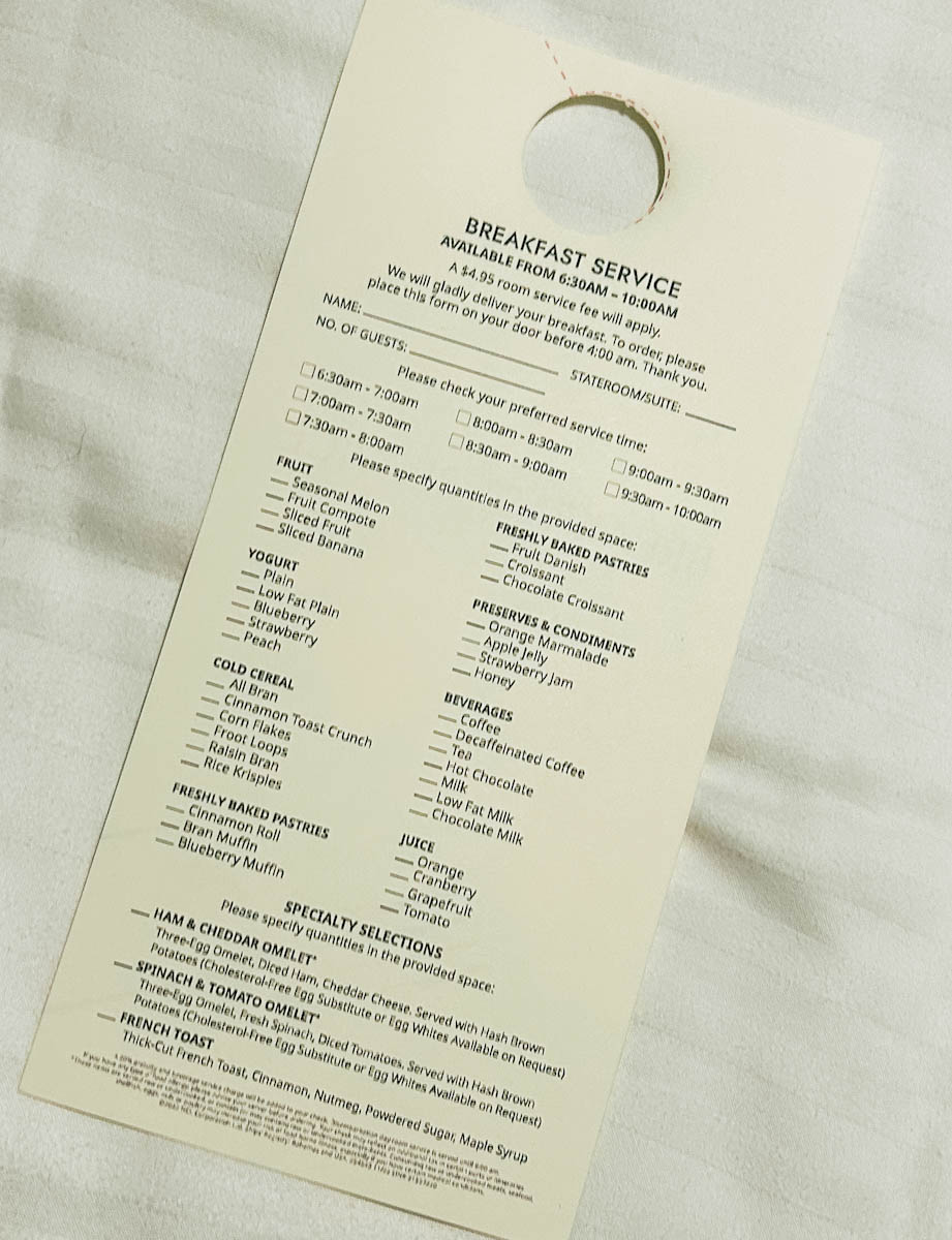 Break Menu for Room Servce on Norwegain Encore