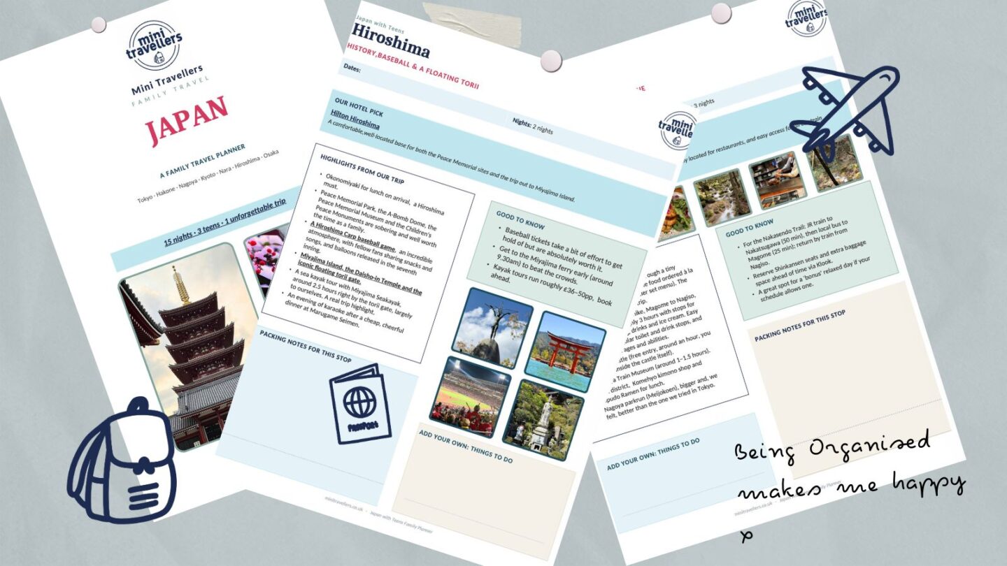 Japan travel planner pages showing Tokyo itinerary and packing checklist"